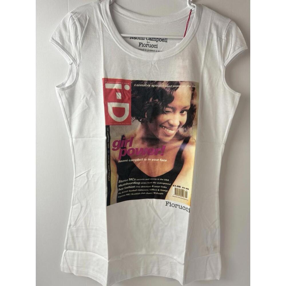 Fiorucci Top Womens Small White Naomi Campbell ID Cover Print‎ NWT